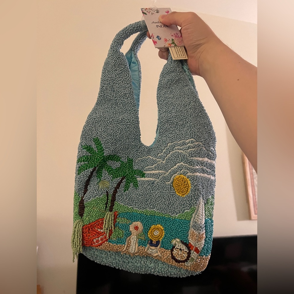 TikTok Viral Made In India Beaded Bag Beach Scene Purse Palm Tree Surf Board NWT
